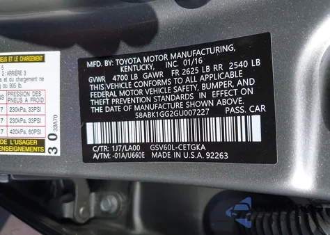 2016 Lexus Es 350 z USA, uszkodzony, nr VIN 58ABK1GG2GU007227